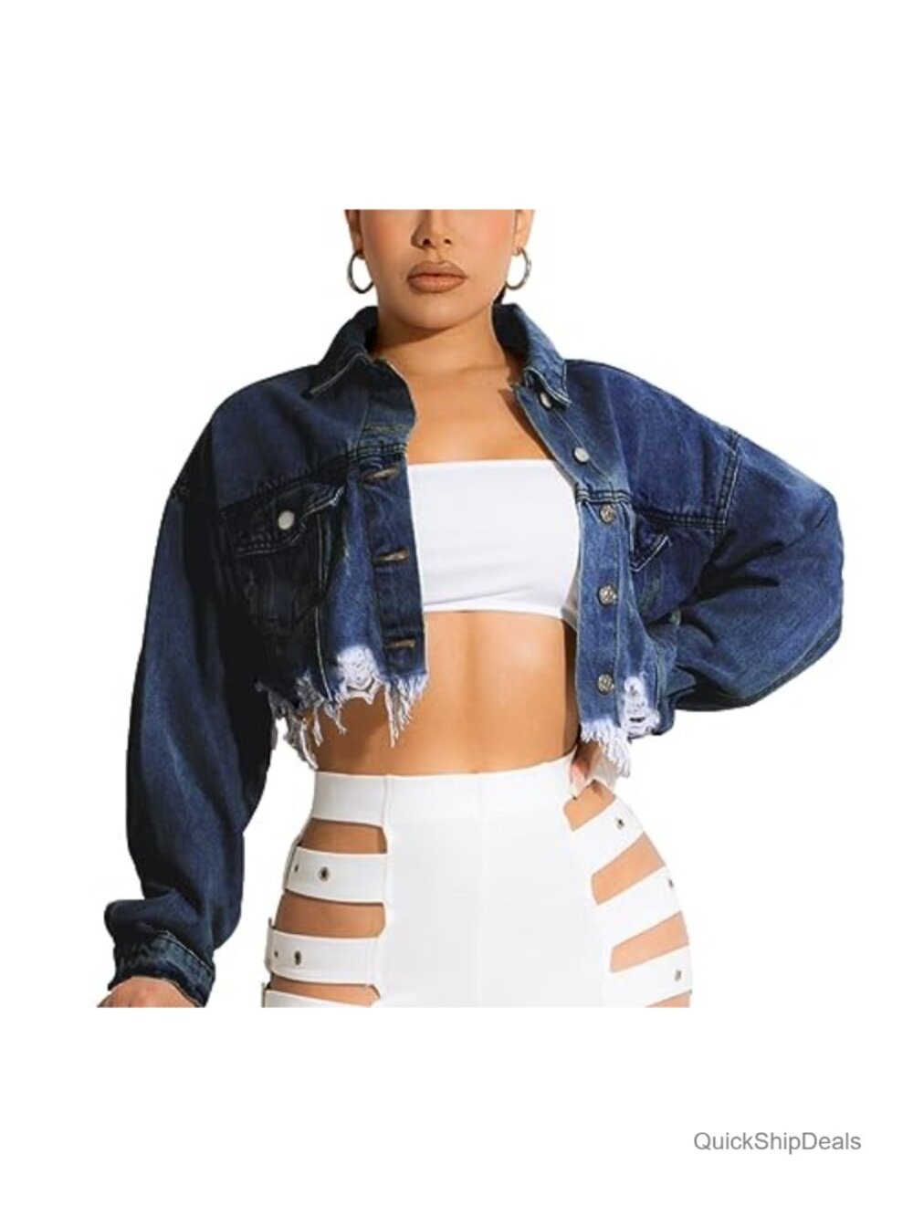 Women's Cropped Ripped Distressed Denim Jacket Button Up Frayed Hem